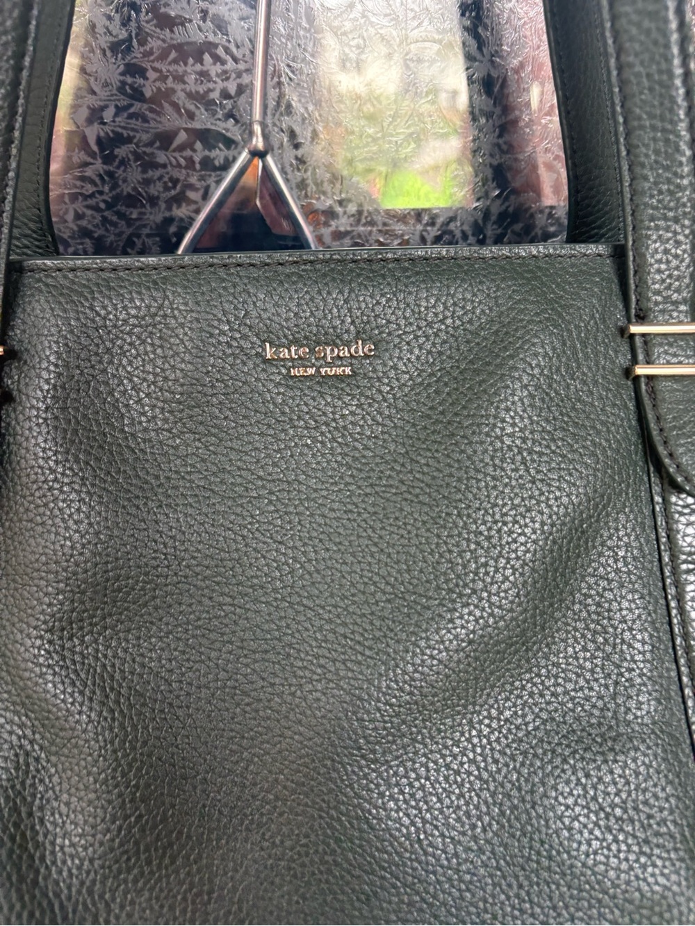 kate spade green pebbled leather tote with gold logo